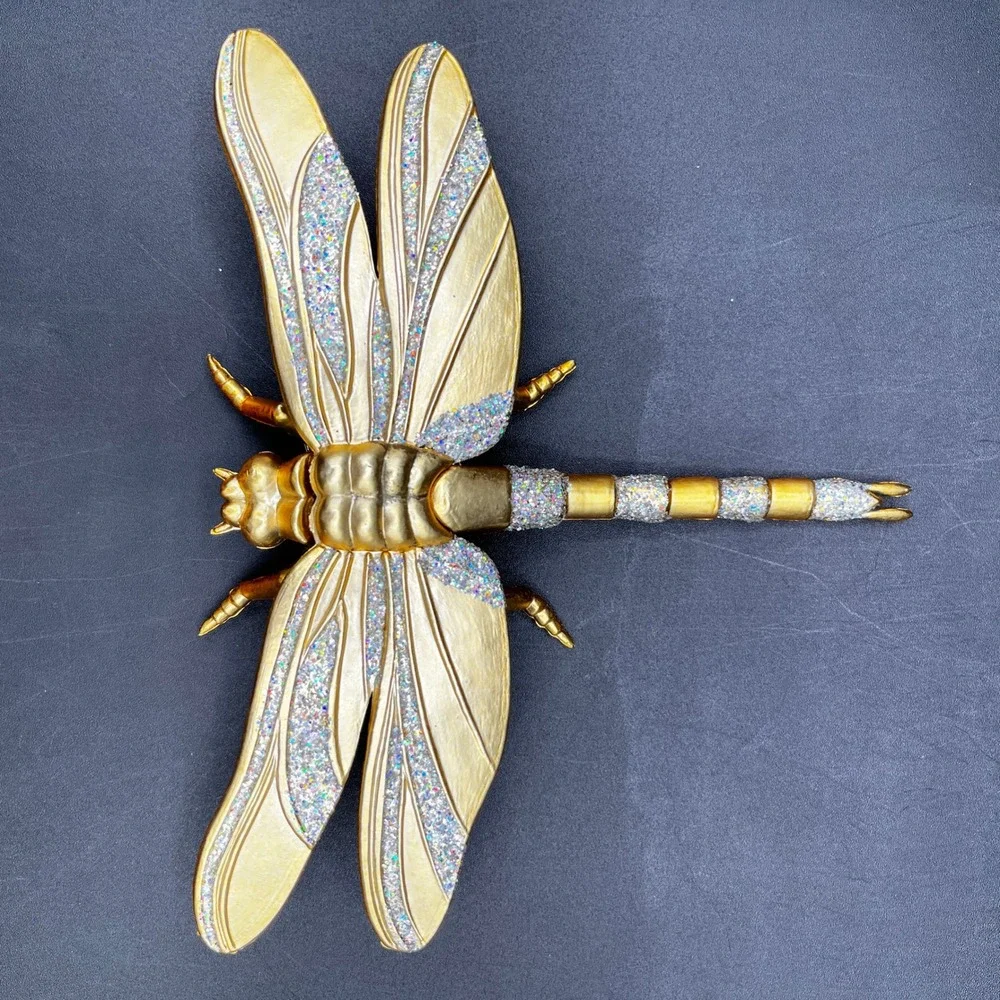 Gold Glitter Insect Ornament Set Dragonfly Ladybug Clip Holiday Decor 2pc Taiwan
